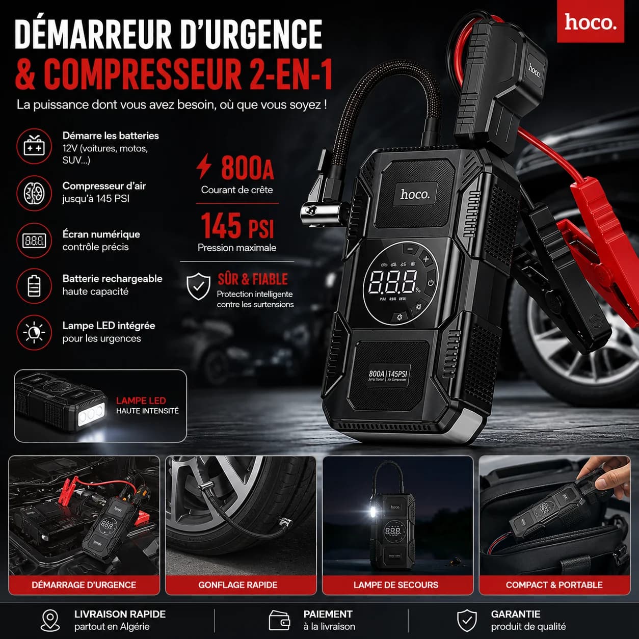 Démarreur de Voiture & Gonfleur Intelligent 4-en-1 QS6 HOCO